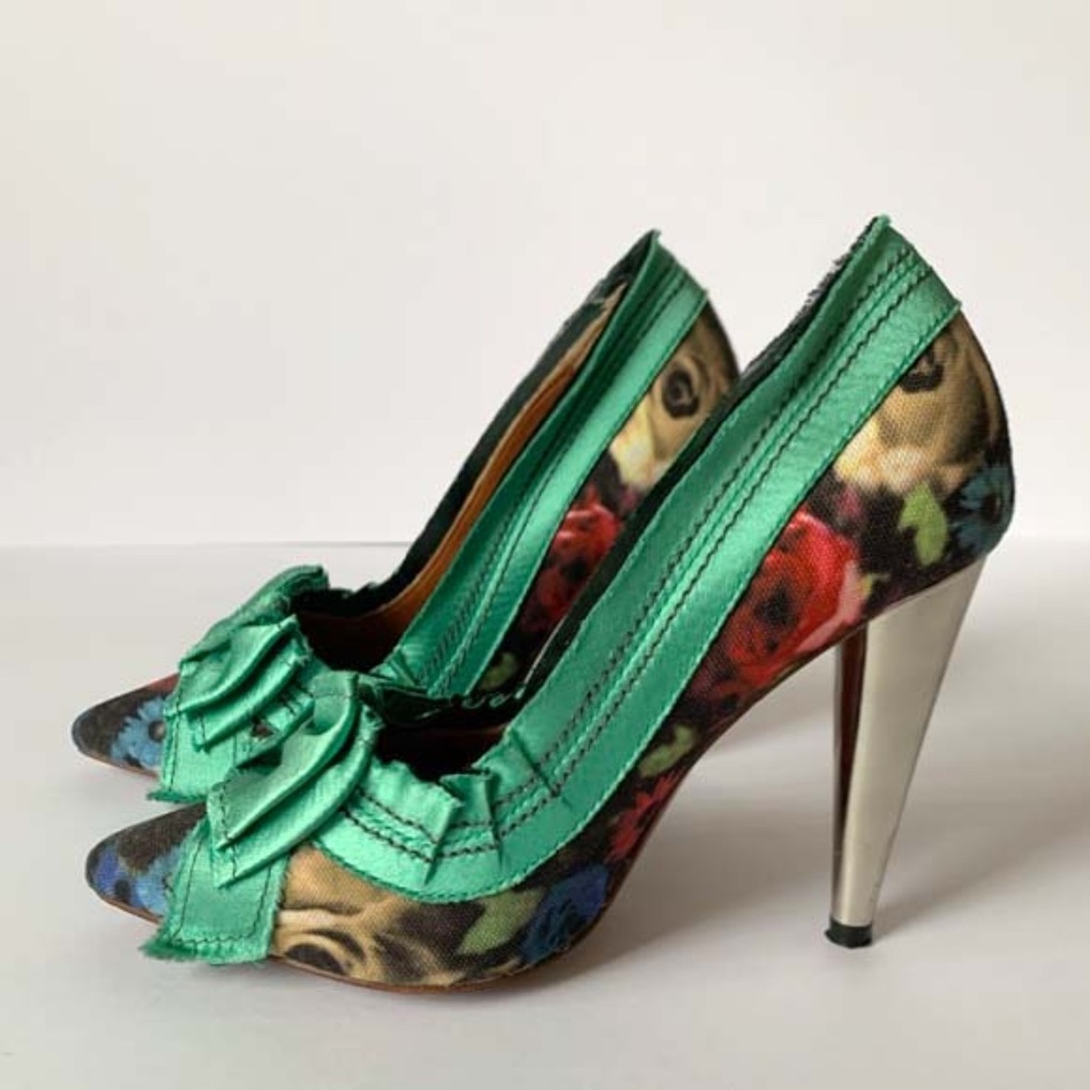 LANVIN x H&M GREEN FLORAL PUMP SATIN BOW - Picture 4 of 10